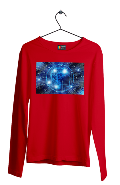 Чоловічий лонгслів з принтом "Штучний інтелект". Айті, айтішник, гік, знання, інженер, інтелект, кібер, кібернетика, кіборг, код, комп, комп`ютерник, кристал, машинне навчання, мікросхема, мозок, портрет, програміст, професіонал, професія, розробник, розум, хакер, чіп, штучний інтелект, штучний розум. 2070702