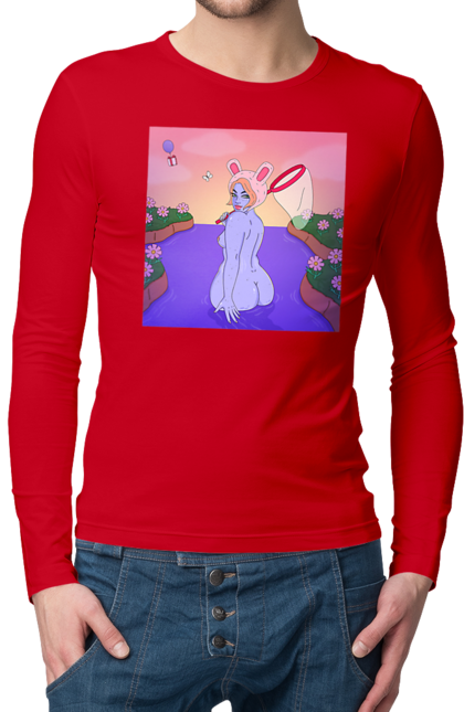 Чоловічий лонгслів з принтом "Фіолетова Дівчина На Полюванні". Гола, дівчина, сачок. 2070702