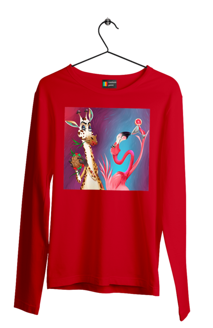 Чоловічий лонгслів з принтом "Жираф І Фламінго На Вечірці". Жираф, їжа, коктейль, фламінго. 2070702