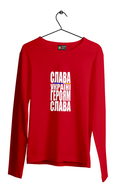 Чоловічий лонгслів з принтом "Слава Україні,героям слава". Батьківщина, гасло україни, героям слава, дяка героям, дяка захисникам, патріотичний вислів, слава україні, текст, україна. 2070702