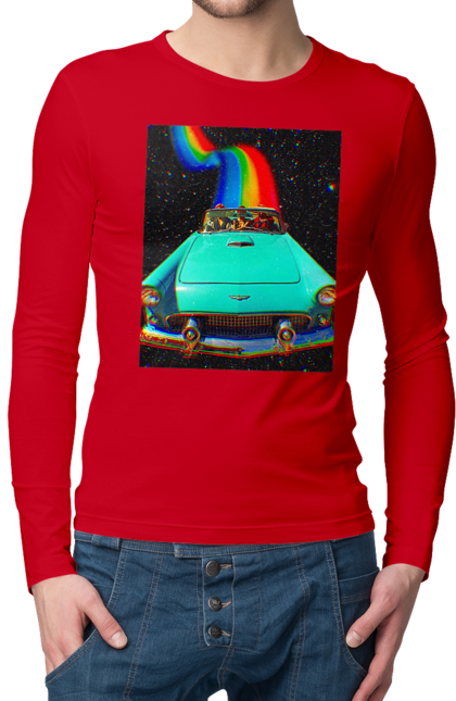 Чоловічий лонгслів з принтом "Картина, машина у космосі". Веселка, картина, космос, машина, подорожі, поїздка, прикол, ретро. 2070702