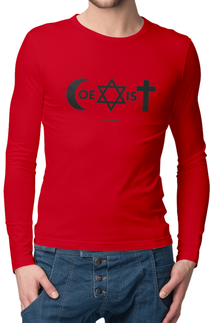 Чоловічій лонгслів з принтом "Coexist". Coexist, іслам, іудаїзм, міжрелігійний діалог, релігія, рівність, символи віри, толерантність, християнство. 2070702