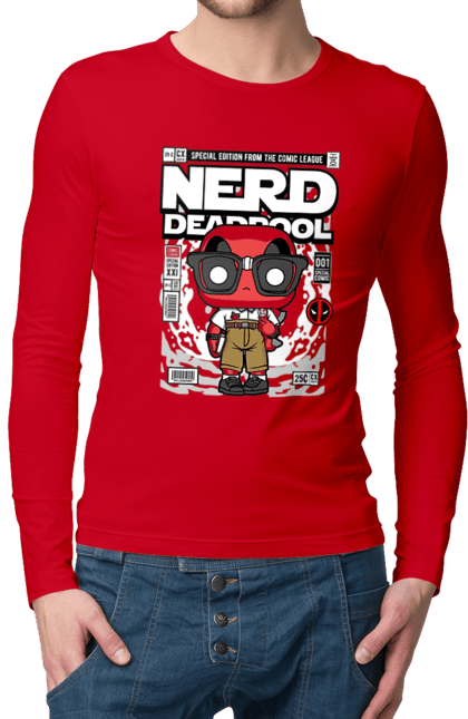 Чоловічій лонгслів з принтом "Deadpool Nerd". Басейн, герой, дедпул, дивуватися, комікси, мем, мертвий, плівка. Funkotee