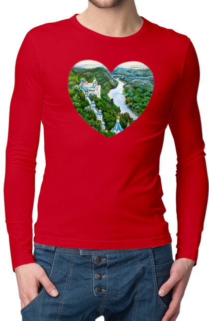 Men`s longsleeve with prints Святогорская лавра. Church, donetsk region, forest, landscape, monastery, river, svyatogorsk, ukraine. 2070702