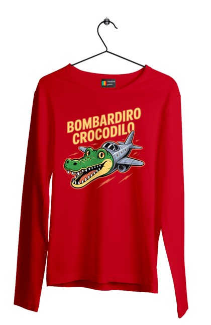 Чоловічий лонгслів з принтом "Bombardino Crocodilo". Bombardino, bombardino crocodilo, crocodilo, бомбардиро крокодило, бомбардіно крокоділо, крокодил, крокодил літак, крокодил мем, мем бомбардине крокодило, меми. 2070702