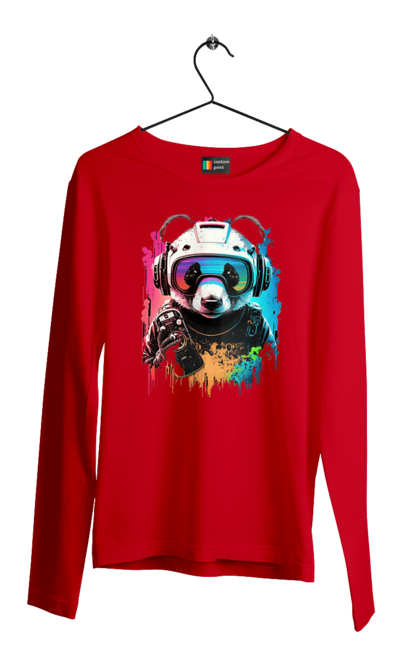 Men`s longsleeve with prints Panda in VR Helmet. Character, geek, helmet, panda, virtual reality. 2070702