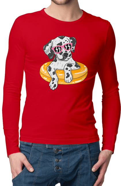 Чоловічий лонгслів з принтом "Далматинець Плаває У Колі". Далматинець, окуляри, плавати, собака. 2070702
