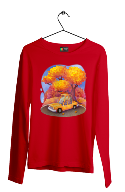 Чоловічий лонгслів з принтом "Осiнь Авто Дерево". Дерево, жовтий мила ілюстрація, машина, осінь, помаранчевий. 2070702