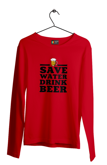Чоловічий лонгслів з принтом "Бережи воду, пий пиво (чорна)". 18+, алкоголь, бар, гумор, любителям писа, меми, пиво, приколи, текст, чоловікам. 2070702
