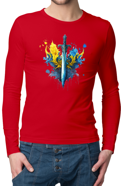 Чоловічий лонгслів з принтом "Меч в українському стилі". Герб, меч, перемога, прапор, символ україни, тризуб, україна. 2070702