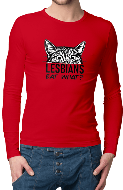 Мужской лонгслив с принтом Lesbians eat what?. Funny inscriptions, humor, jokes, kittens, lesbians, lgbt, котики, лгбт, лесбиянки, приколы, смешные надписи, юмор. 2070702