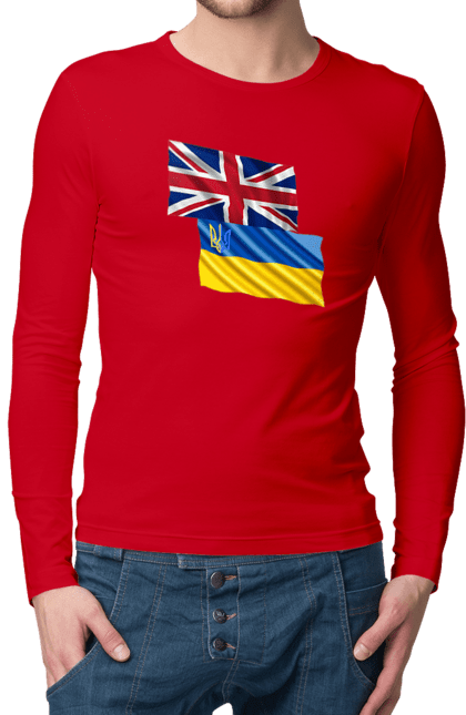 Чоловічий лонгслів з принтом "Прапор Великої Британії, прапор України, Підтримка України". Британія, велика британія, війна, киев, мир, національні кольори, прапор, прапор британії, прапор великої британії. 2070702