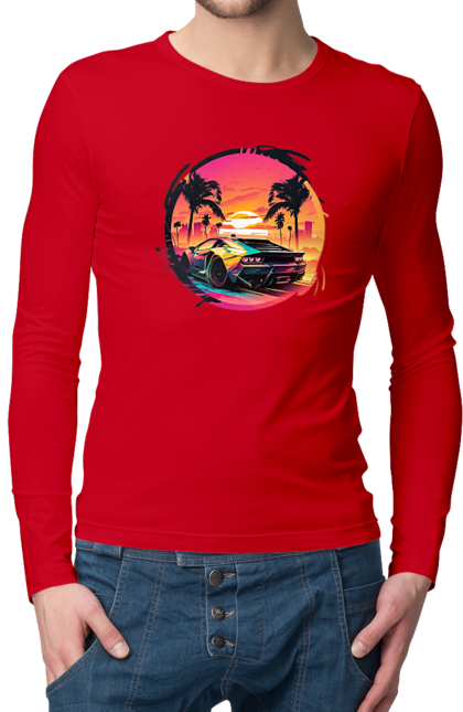 Чоловічий лонгслів з принтом "Ламборджині Ретровейв". Авто, автомобиль, ламба, ламборджині, машина, машини, ретровейв. 2070702