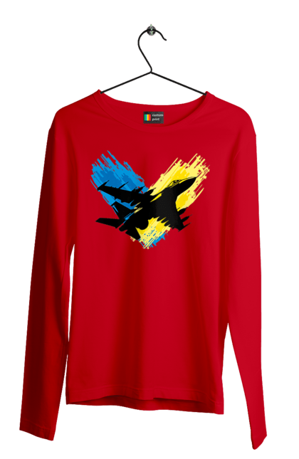 Чоловічий лонгслів з принтом "Літак F 16". З прапором, зсу, літак, літак f16, патріотична, прапор, ф16. 2070702