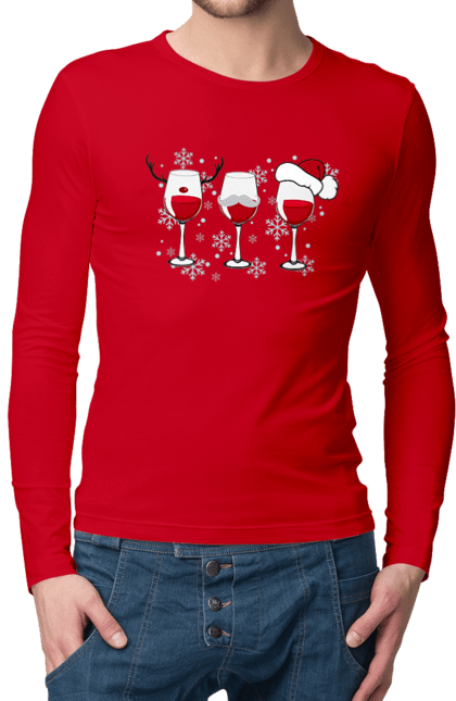 Чоловічій лонгслів з принтом "Новорічні келихи". Алкоголь, вино, зима, келих, новий рік, різдво, сніг. Піно