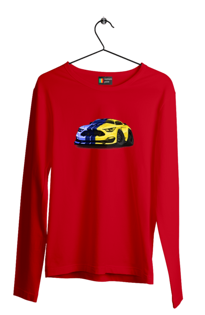 Чоловічий лонгслів з принтом "Український мустанг". Жовто блакитне авто, кольори україни, машина, мустанг, суперкар, форд мустанг, шелбі. 2070702