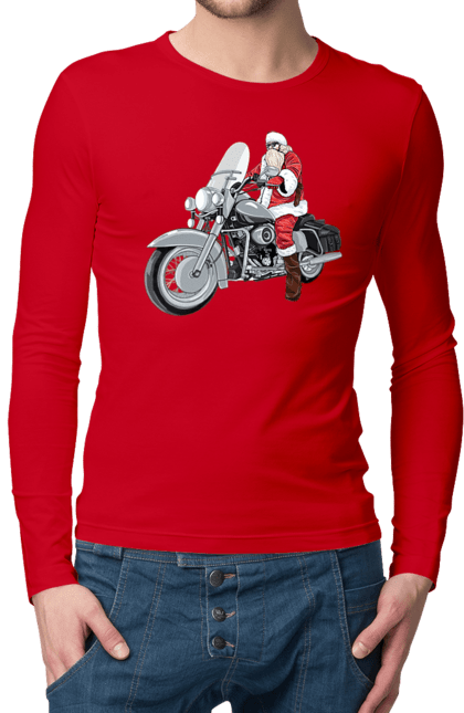 Чоловічий лонгслів з принтом "Санта На Мотоциклі". Мотоцикл, новий рік, санта, свято. 2070702