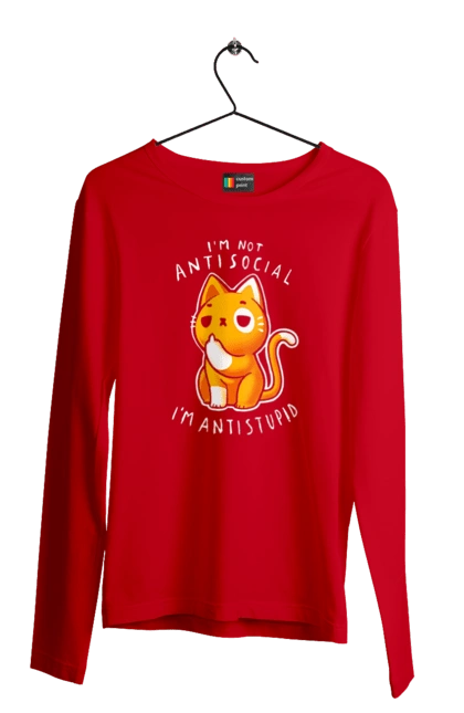 Men`s longsleeve with prints I'm not antisocial, I'm antistupid. Antisocial, antistupid, cat, cynicism, hate, humor, irony, joke, meme, sarcasm. 2070702