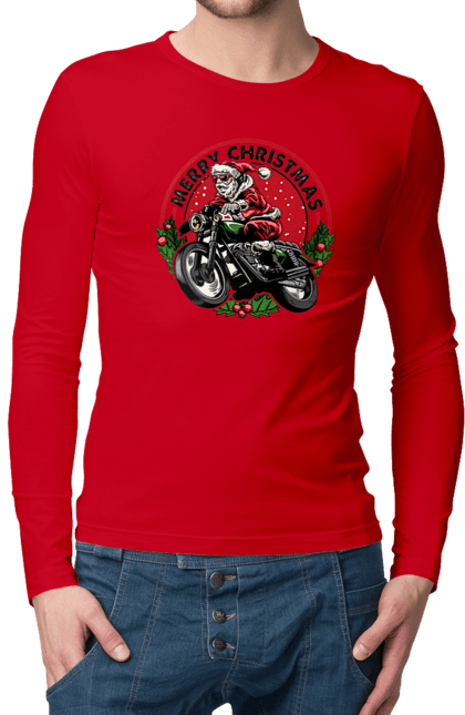 Men`s longsleeve with prints Merry Christmas, Santa Claus on a motorcycle. 2022, christmas, motorcycle, new year, presents, santa, santa claus, snow, winter. 2070702