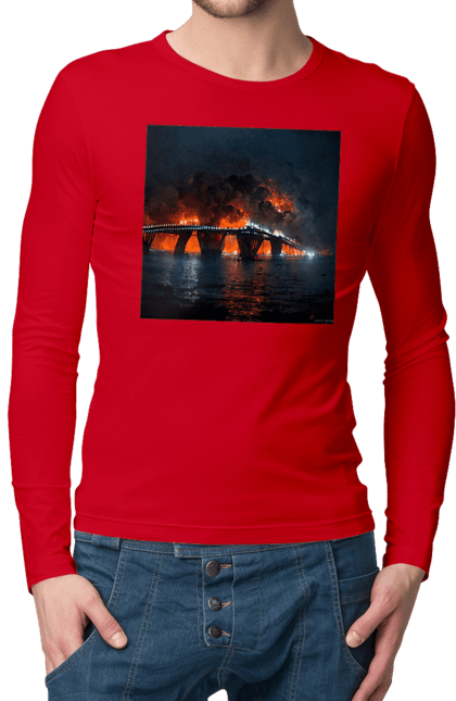 Чоловічий лонгслів з принтом "Кримський мост горить". Армія росії, армія україни, годить, зсу, крим, мост, удар, удар зсу. 2070702