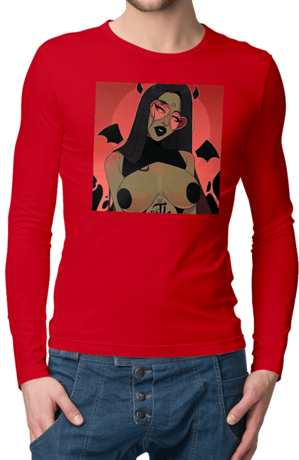 Чоловічий лонгслів з принтом "Диявол З Цицьками". Гола, диявол, сиськи. 2070702