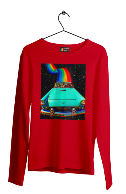 Чоловічий лонгслів з принтом "Картина, машина у космосі". Веселка, картина, космос, машина, подорожі, поїздка, прикол, ретро. 2070702