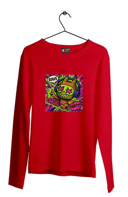 Чоловічий лонгслів з принтом "Лабубу". Вечірка, вуличне мистецтво, графіті, зоряніочі, коміксстиль, лабубу, навушники, неон, попарт, рейв. 2070702