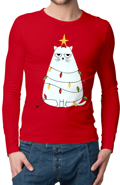 Чоловічій лонгслів з принтом "Кіт у гірлянді із зіркою". Зведу, зима, кіт, новий рік, різдво, сніг, ялинка. futbolka.stylus.ua
