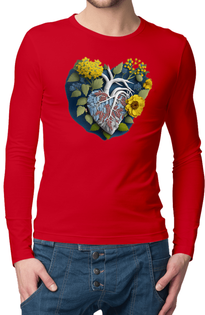 Мужской лонгслив с принтом Сердце цветы. Люблю украину, победа украины, подсолнечник, сердце, символы украины, традиции украины, украина. 2070702