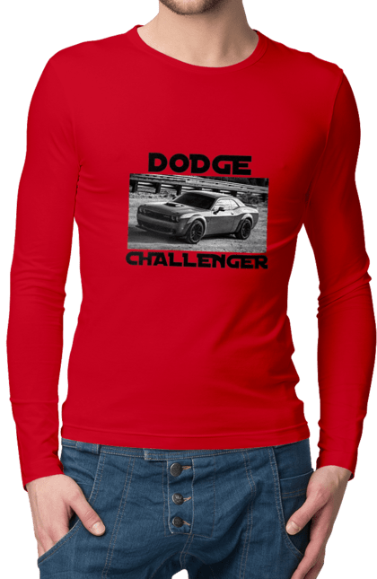 Чоловічий лонгслів з принтом "Додж челенджер". Авто, автомобіль, американська легенда, додж челенджер, класичне авто, культовий автомобіль, масл кар, потужний автомобіль. 2070702