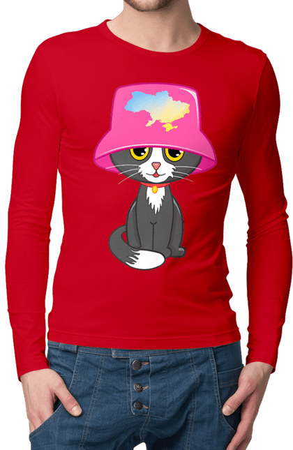 Чоловічий лонгслів з принтом "Котик з картою україни". Євробачення, калош, кіт, котик, музика, панама калоша, символ україни, україна. 2070702