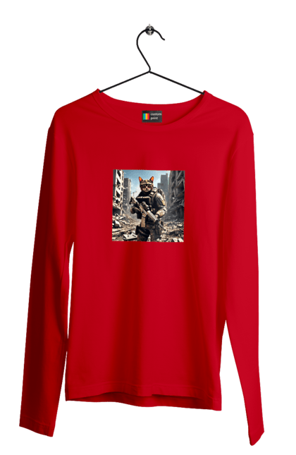 Чоловічий лонгслів з принтом "Кіт десантник". Бронежилет, війна, військовий, гвинтівка, захисник, камуфляж, кіт, рушниця. 2070702