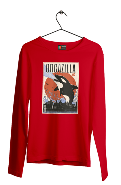 Men's longsleeve with prints Orcazilla. Cartoon style design, graphic, japan print, japanese, japanese art, japanese poster, japanese poster orca, ocean wildlife, orca, orcazilla. 2070702