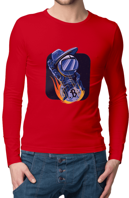 Men`s longsleeve with prints Cosmo bitcoin. Binary, bitcoin, crypto, currency, hacker, money, programmer. 2070702