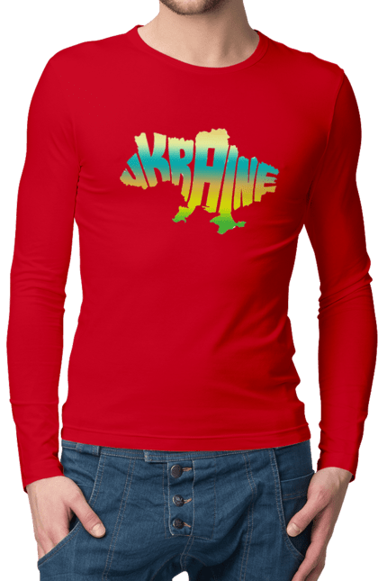 Мужской лонгслив с принтом Украина силуэт цветной. Карта украинм, карта украины, люблю украину, силуэт украины, символ украины, украина, украинская символика. 2070702