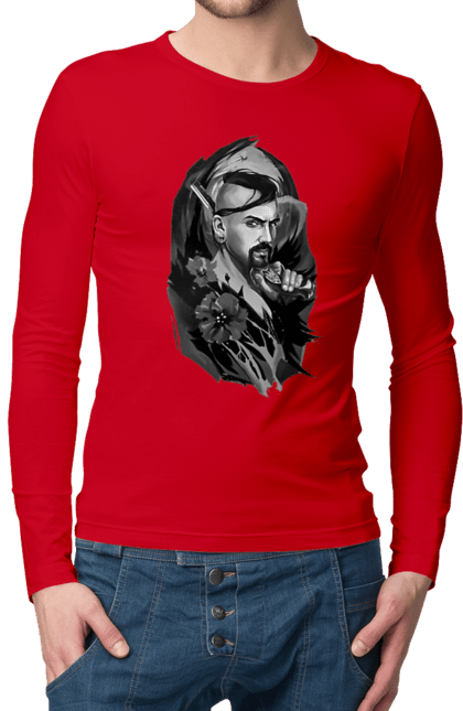 Чоловічий лонгслів з принтом "Козак". Вуса, квітки, козак, пістолет, справжній українець, чуб. 2070702