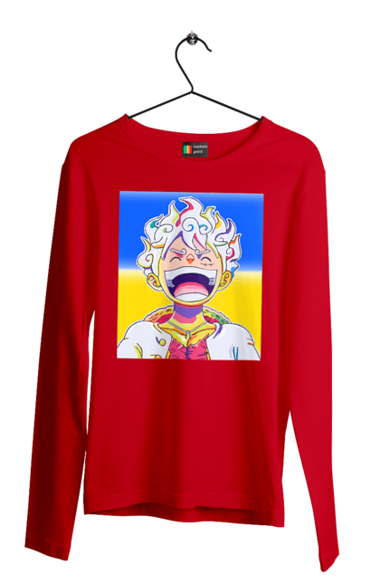 Чоловічий лонгслів з принтом "Монкі д Луффі сміється на жовто блактному фоні". Ван піс, луффі, монкі д. луффі, прапор україни, символ україни, україна. 2070702