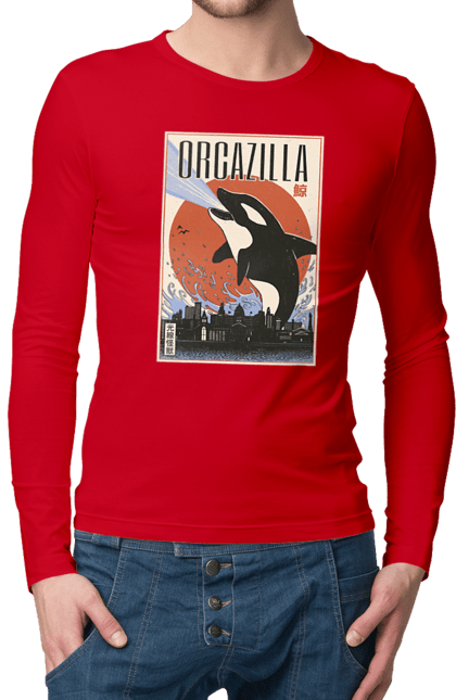 Men's longsleeve with prints Orcazilla. Cartoon style design, graphic, japan print, japanese, japanese art, japanese poster, japanese poster orca, ocean wildlife, orca, orcazilla. 2070702