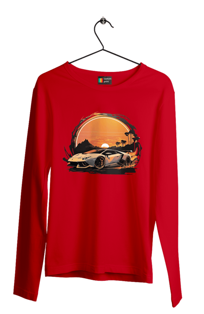 Чоловічий лонгслів з принтом "Ламборджині на заході сонця". Авто, автомобіль, ламборджині, машина, машини. 2070702