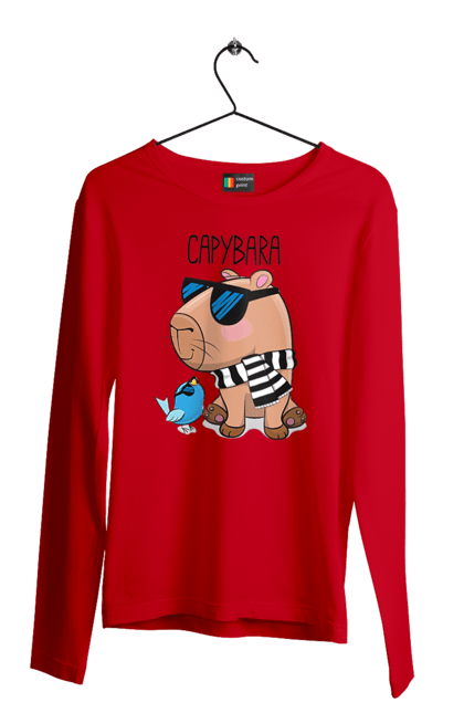 Чоловічий лонгслів з принтом "Стильна капібара". Капібара, модна капібара, настрій, окуляри, птах, сонячні окуляри, стильна капібара, тварина, шарф у смужку. 2070702