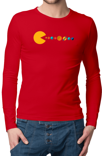 Men`s longsleeve with prints Pac Man Planets. Arcade video game, atari, japanese video game, maze, namco, pac man, planets, solar system, space, video game. 2070702