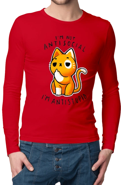 Men`s longsleeve with prints I'm not antisocial, I'm antistupid. Antisocial, antistupid, cat, cynicism, hate, humor, irony, joke, meme, sarcasm. 2070702