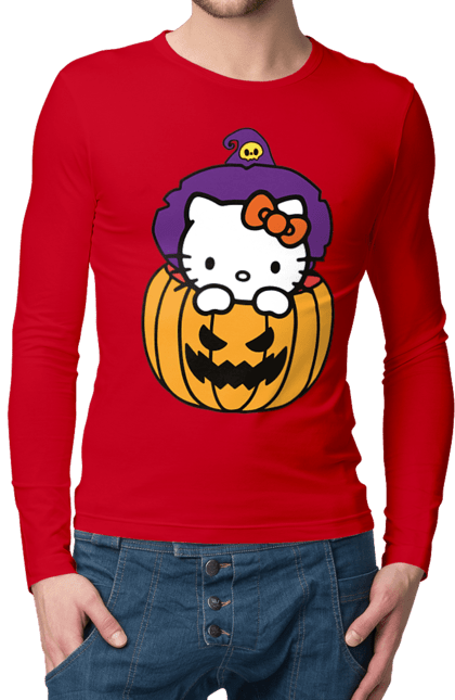 Чоловічій лонгслів з принтом "Хелло Кітті Хелловін". Halloween, hello kitty, witch, бренд, відьма, кіт, кошеня, персонаж, хелло кітті, хелловін. 2070702