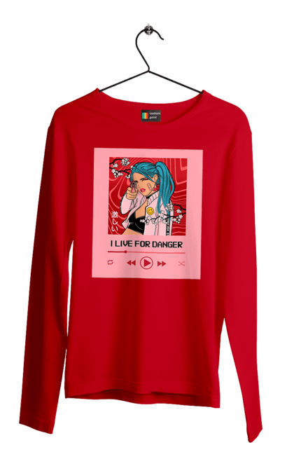 Men`s longsleeve with prints I Live For Danger. Anime, music, pistol, turntable. 2070702
