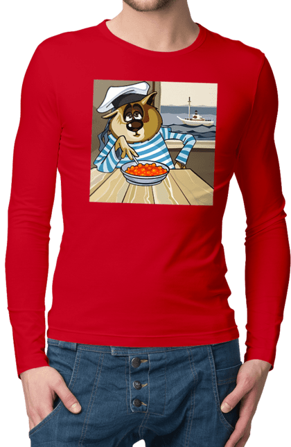 Men`s longsleeve with prints Cat Sailor, On The Ship Eats Red Caviar. Cat, caviar, sailor, ship. 2070702