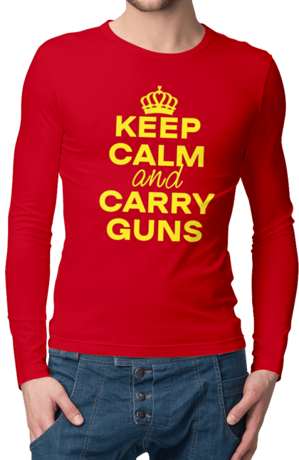 Men`s longsleeve with prints Keep Calm and Carry Guns. Brutal, carry guns, cool, keep calm, memes, popular, texts, trends. 2070702