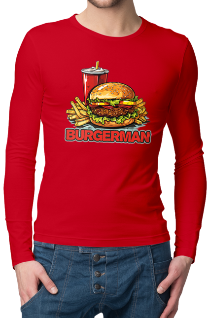 Чоловічий лонгслів з принтом "Burgerman". Бургер, для чоловіків, їжа, літні, макдональдс, прикольні, трендові, фаст фуд, чоловічі. 2070702