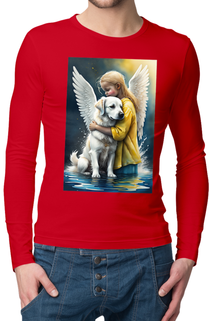 Чоловічий лонгслів з принтом "Дівчинка та собака ангел [память загиблим тваринам]". Дівчинка та собака, крим, нова каховка, память загиблим тваринам, собака ангел, україна, херсон. 2070702