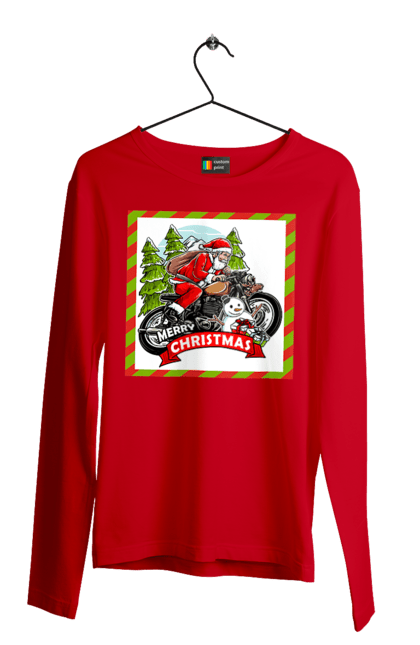 Men`s longsleeve with prints Santa on a motorcycle. Christmas, motorcycle, new year, presents, santa, snowman, tree. 2070702