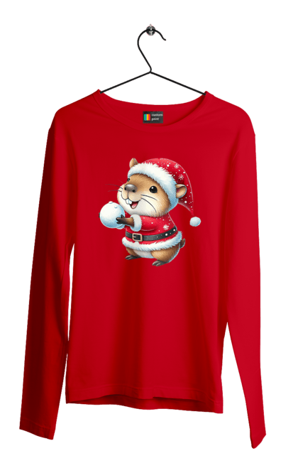 Men's longsleeve with prints Capybara playing snowballs. Animal, capybara, christmas, christmas capybara, game, gift, holiday, new year, santa, snowballs. 2070702